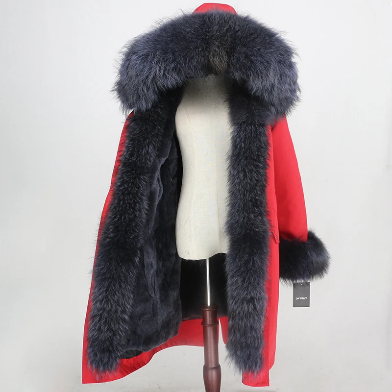 red grey OFTBUY Водонепроницаемый куртка-парка зимняя куртка Для женщин из натурального меха, пальто из натурального меха енота меховой воротник с капюшоном подкладка из натурального кроличьего меха с отсоединяемым - Цвет: red grey