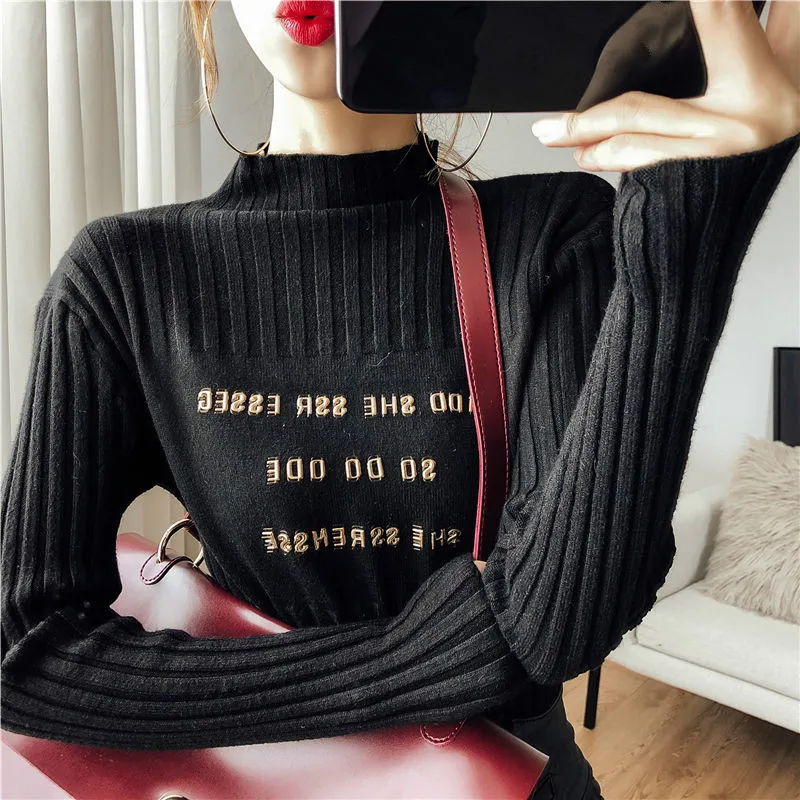 black pullover Neploe, осенне-зимний корейский свитер с высоким воротником, пуловер, Женский вязаный свитер с длинным рукавом, облегающий стрейчевый джемпер с буквенным принтом - Цвет: black pullover