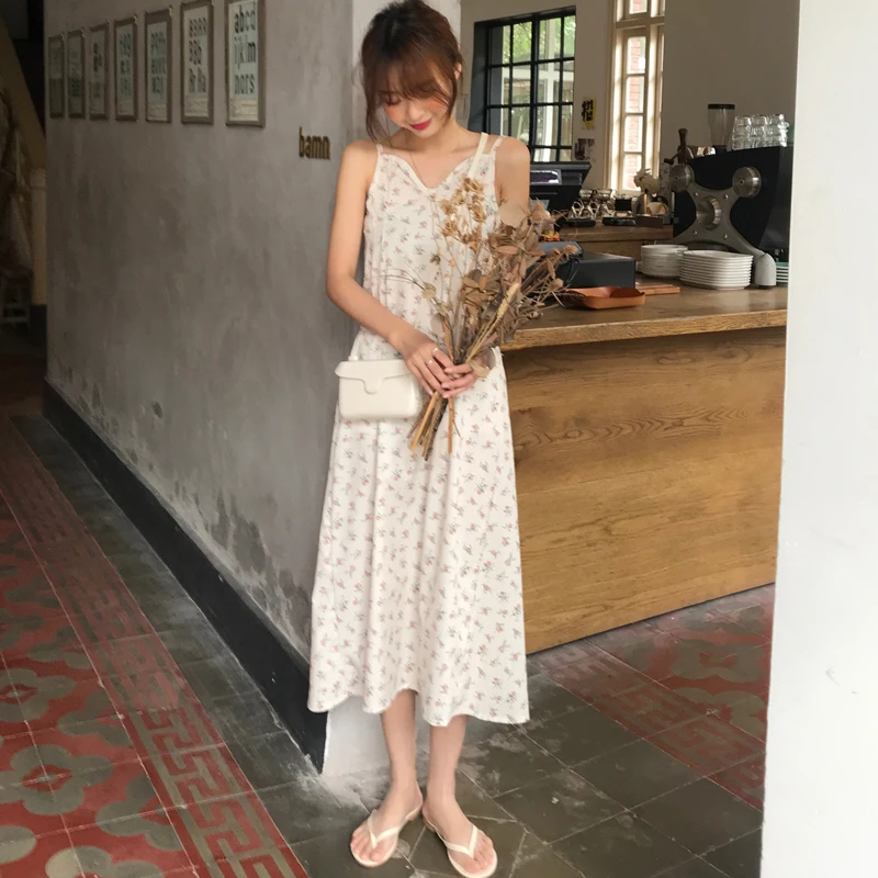 Summer long Dress 2019 korean style small floral print Women sleeveless vintage tank (C6334) | Женская одежда