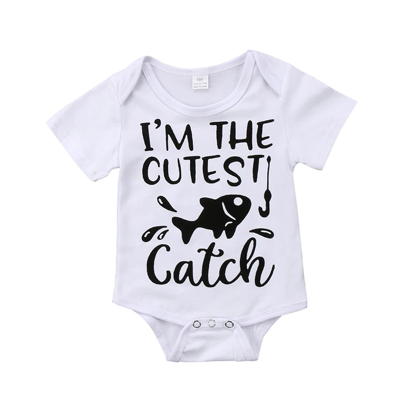 Детский хлопковый комбинезон с коротким рукавом и надписью Fish Catch|baby clothes|cotton