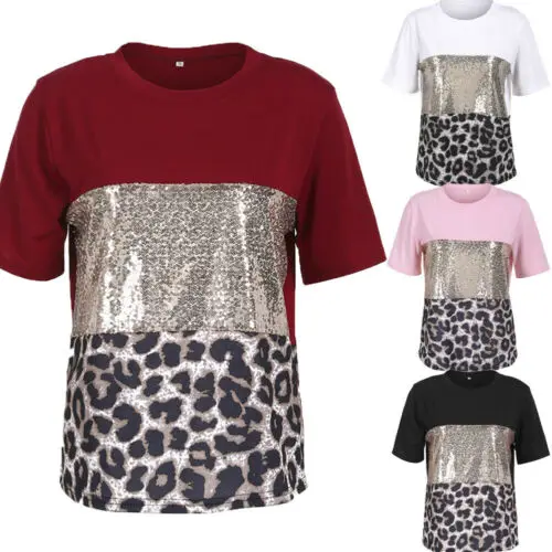 2019 Women Short Sleeve Loose T Shirt Fashion Paillette Summer Casual Tee Cotton Tops | Женская одежда