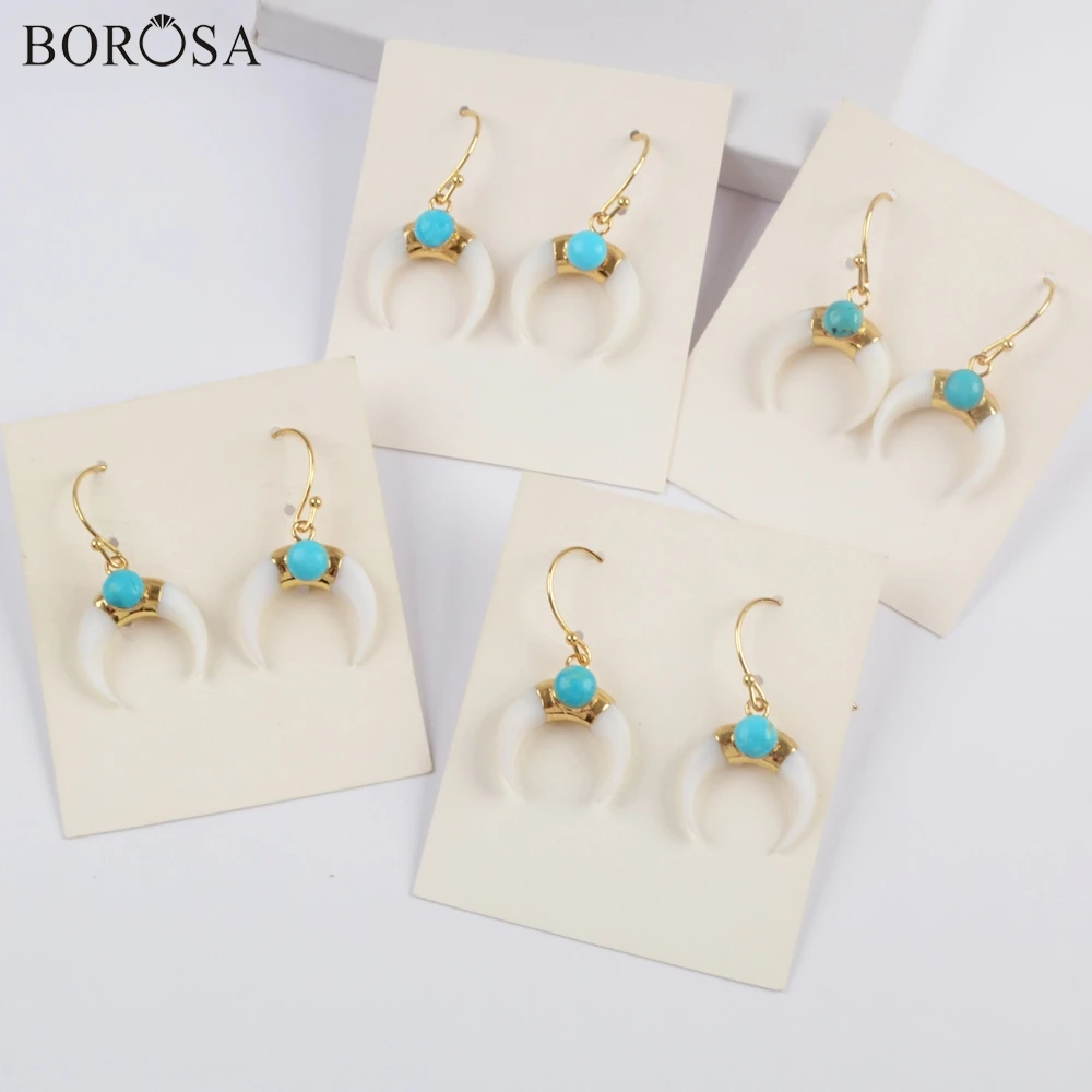 BOROSA 5 пар белая оболочка& круглая натуральная бирюза позолоченные женские серьги Howlites Shell Висячие Серьги Подарки для девочек G1835