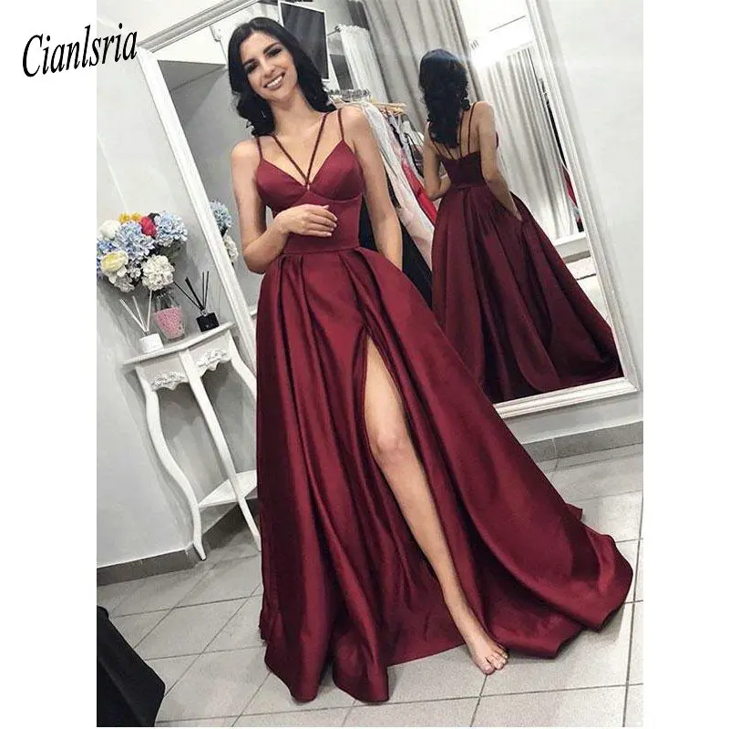 

Burgundy Evening Dresses elegant Prom Dress with slit women satin formal party gown robe soiree vestido de festa