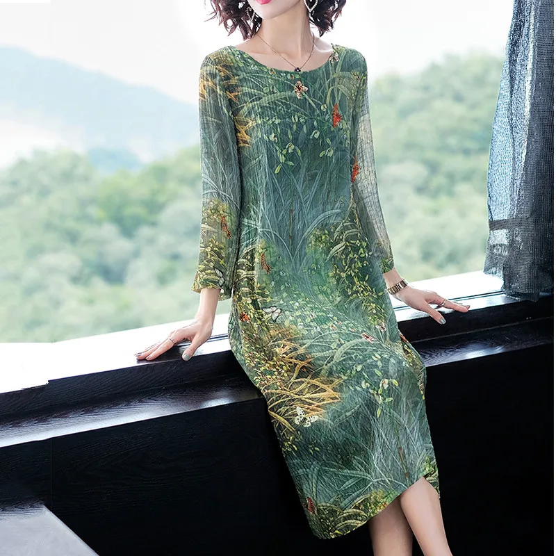 Green Spring summer Vestidos Mid-Calf Dress Women Butterfly Floral Printed Elegant Ladies Plus Size M-4XL Casual O-Neck Robe | Женская