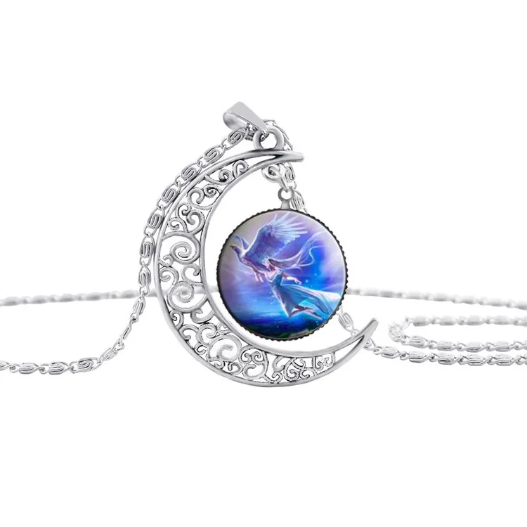

Antique Silver Tone Moon and Angel Crystal Chain Necklace Pendant Steampunk Jewelry