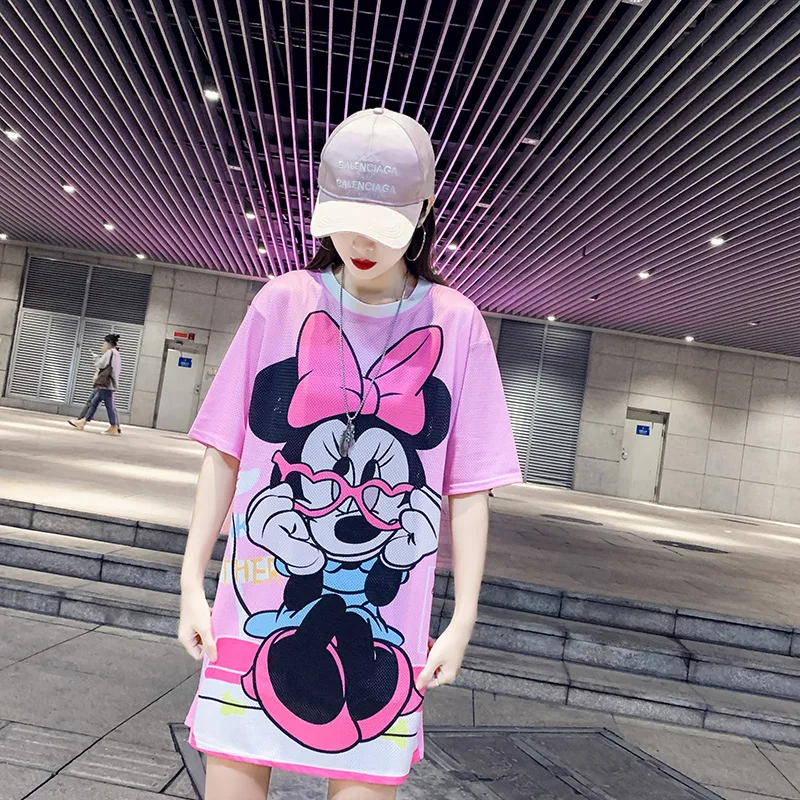 Новинка лета 2019 свободная мини футболка с коротким рукавом и мультипликационным