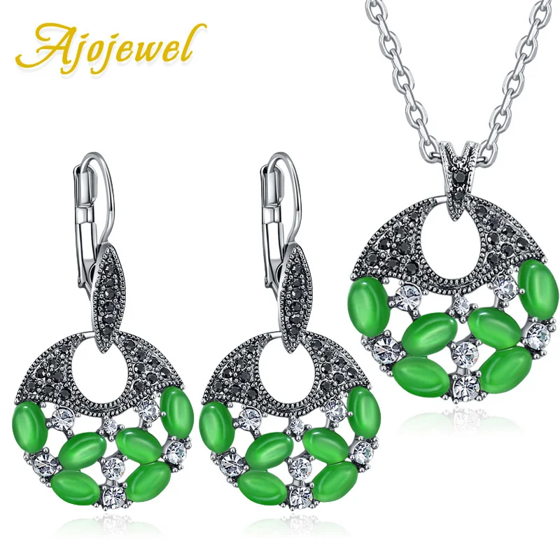 

Ajojewel 3 Colors Opal Round Earrings Necklace Vintage Jewelry Sets & More Ensemble De Bijoux