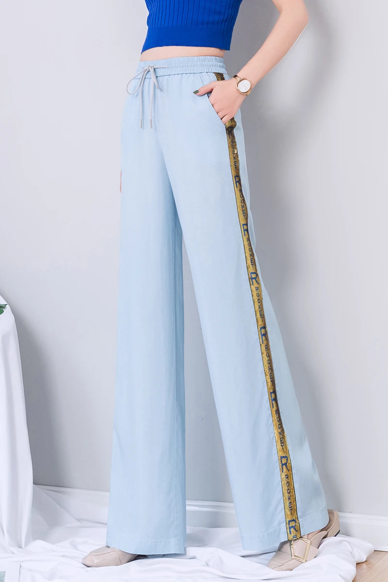 Women Tencel Wide Leg Pants 2019 Summer High Waist Lace Up Striped Loose Full Length Sequin Woman Plus Size 5XL Trousers Женская