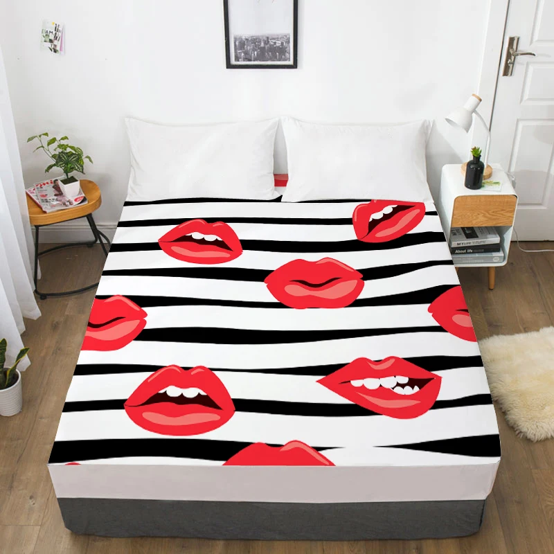 

3D HD Digital Printing Custom Bed Sheet With Elastic,Fitted Sheet Twin King,stripe Lip Wedding Bedding Mattress Cover 200x200