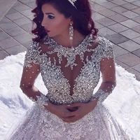 2019 latest luxury beading long sleeve muslim wedding gowns with long train sequined lace wedding dresses turke robe de mariage