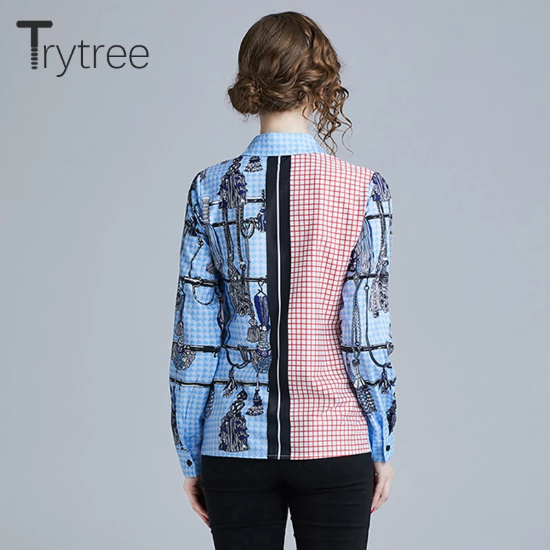 Ttytree/Осенняя ассиметричная клетчатая блузка Повседневная рубашка женские