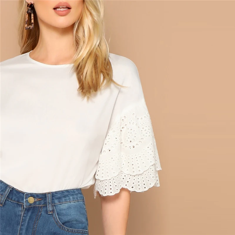 SHEIN Топ С Многослойным Оригинальным Рукавом Женские Летние Белые Элегантные Блузки С Средним Рукавом