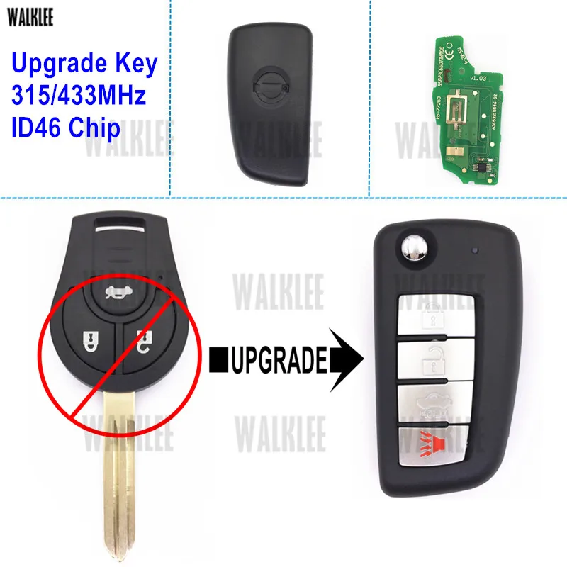 Откидной ключ WALKLEE 315 МГц/433 МГц для Nissan Remote Altima Note March Qashqai Sentra Tiida Sunny X Trail ID46 Chip|Ключ
