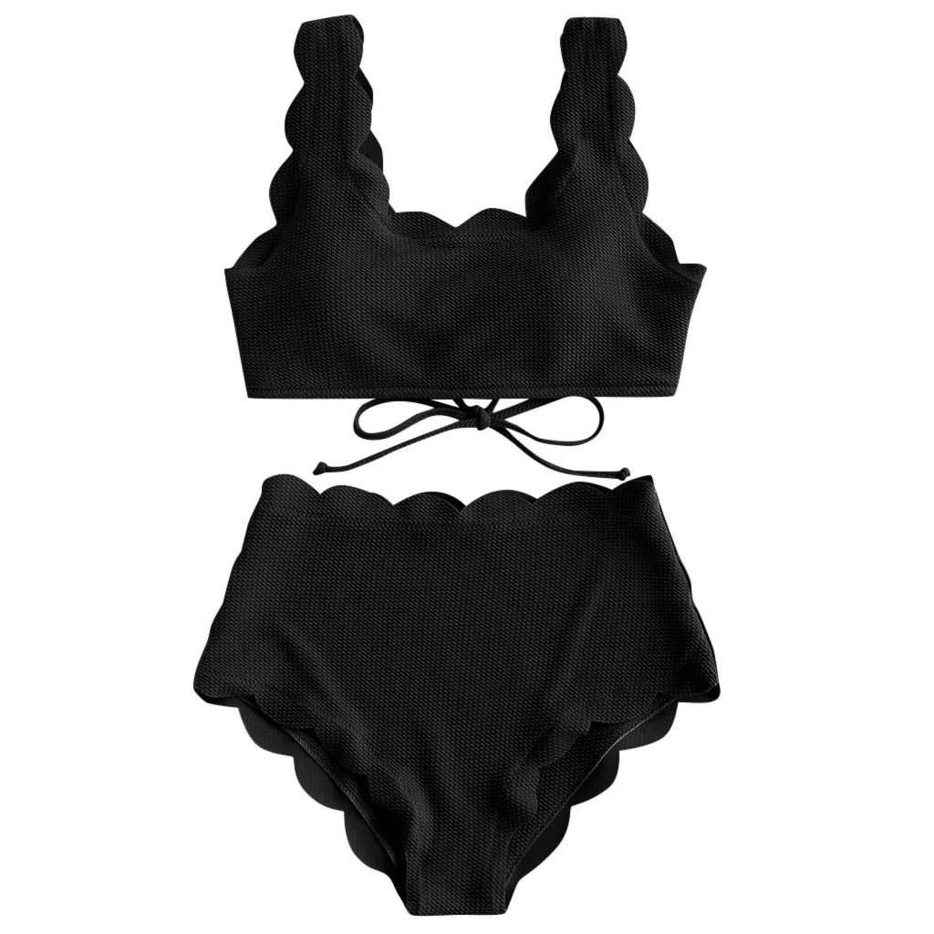 Women Scalloped Textured High Waisted Bikini Set Solid Two Pieces Beach Summer Elastic Underwear | Женская одежда