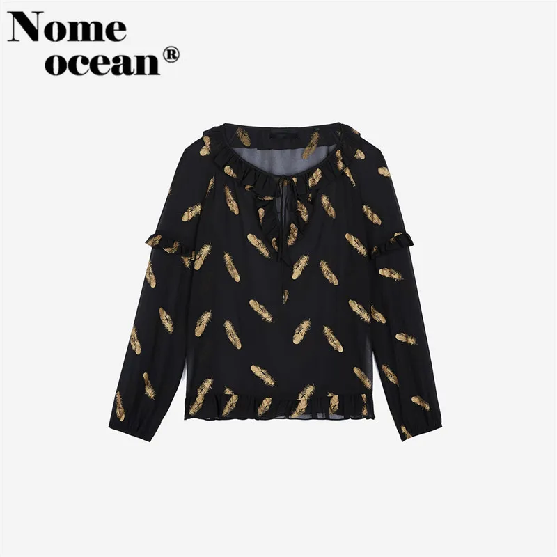 GOLDEN FEATHERS TOP Drawstring Lace-up Bow Collar Women Shirts 2017 Autumn Long Sleeve Blouses Gold Feather Print Top M17112401 |