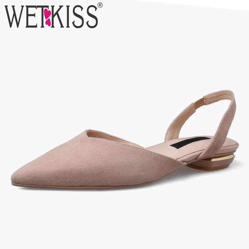 Женские замшевые сандалии WETKISS черные с острым носком на низком толстом каблуке