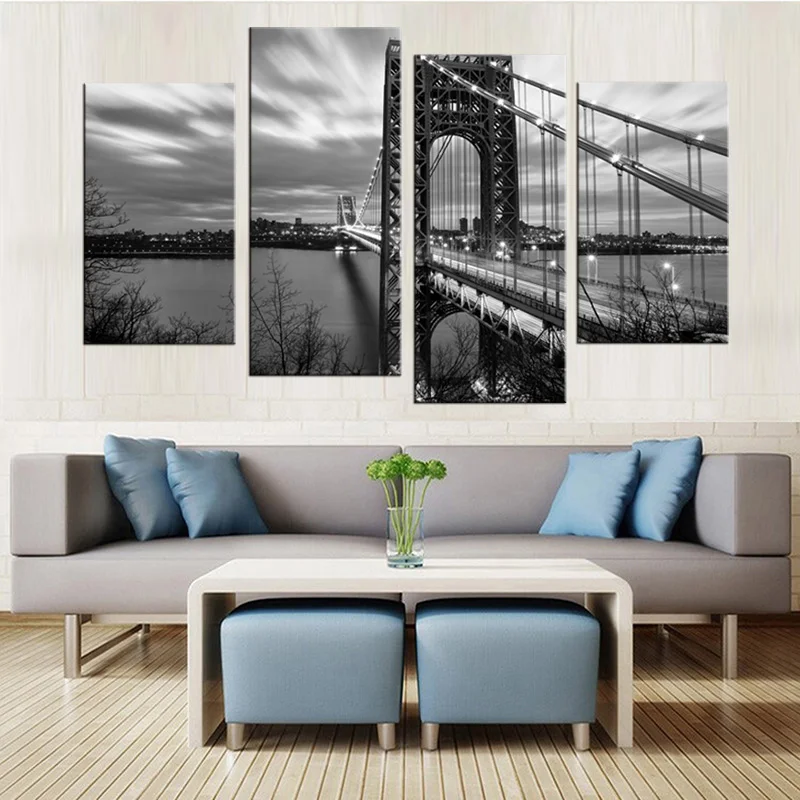 4 панели большой железный мост пейзаж живопись роспись художественное украшение