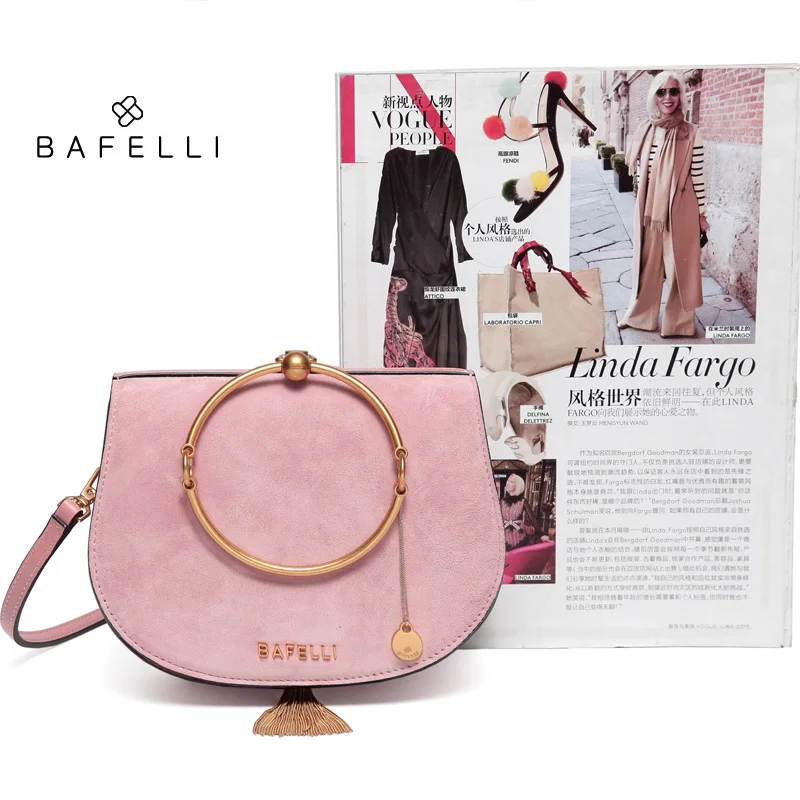 

BAFELLI suede sheepskin shoulder bag metal tassels bolsos mujer metal ring handbag rose gold saddle bag women messenger bags