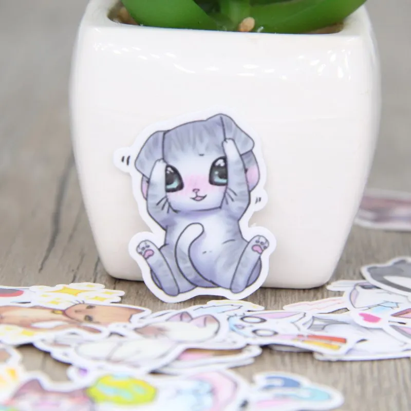 Mixed 40 Cute Kitten Line Expression Luggage Skateboard Graffiti Ethylene Decals Car Styling Laptop Bicycle Toy DIY Sticker | Дом и сад