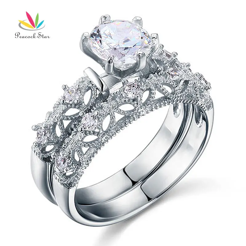 Павлин звезда Винтаж Стиль викторианской Книги по искусству Deco 1.25 ct массива стерлингового серебра 925 2-pc обручальное кольцо набор cfr8103