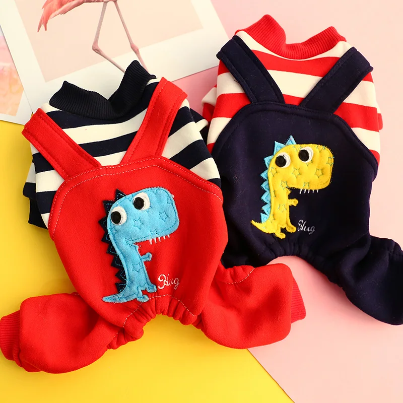 Милый динозавр зимний комбинезон для собаки синий красный теплый питомца щенков