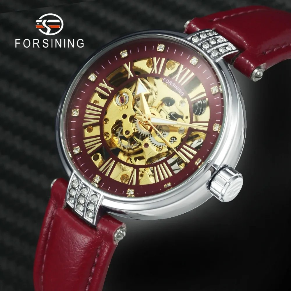FORSINING винтажные элегантные женские часы с автоматическим механическим красным