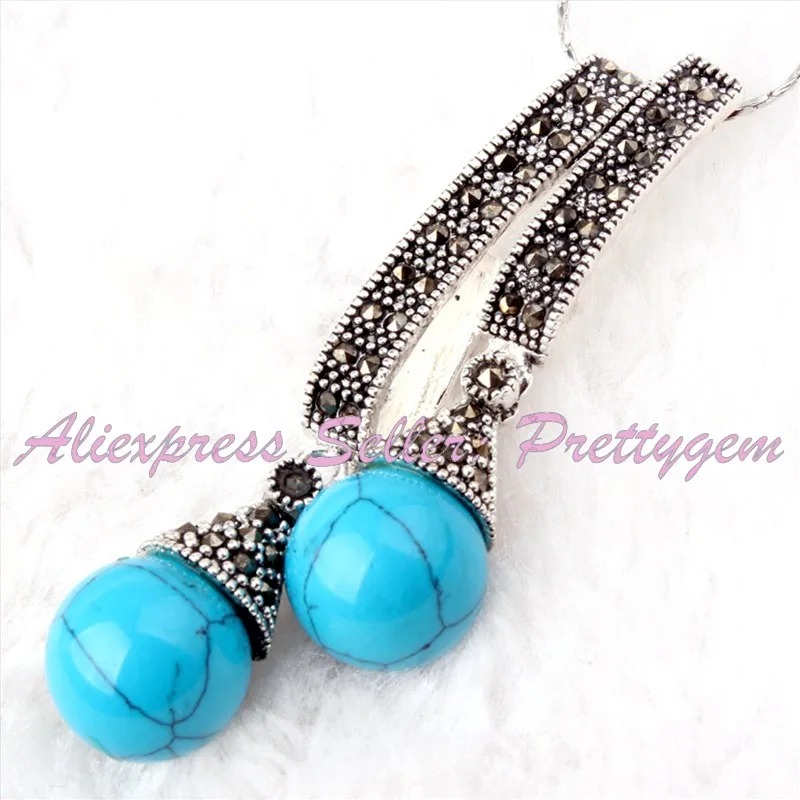 Turquoise 12 мм Круглый: песчаник, кошачий глаз. Ракушка, Агаты, бирюзовый камень марказит тибетское серебро для женщин Рождественский подарок кулон 1 шт., 25x55 мм - Окраска металла: Turquoise