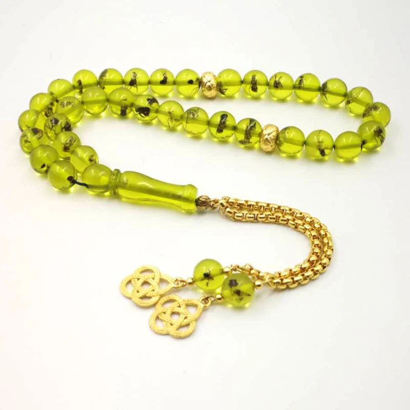 

Green Resin tasbih gift Eid al-Adha real Insect Rosary Golden tassel 33 45 66 99 prayer beads pusheen Man's Misbaha Bracelets