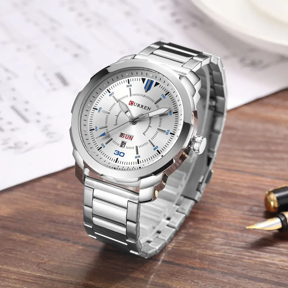 Curren Мужские кварцевые часы из нержавеющей стали серебристо черный ремешок Авто