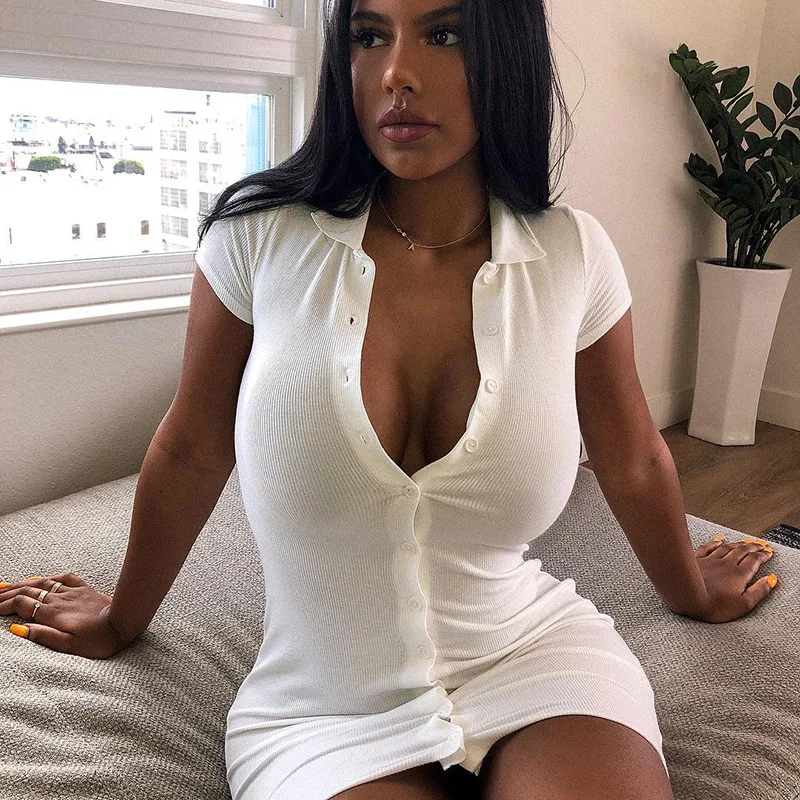 STAY TIDY Sexy Knitted Single Button Split Bodycon Dress Summer Women Short Sleeve Polo Neck Mini Dress Party Club Dress