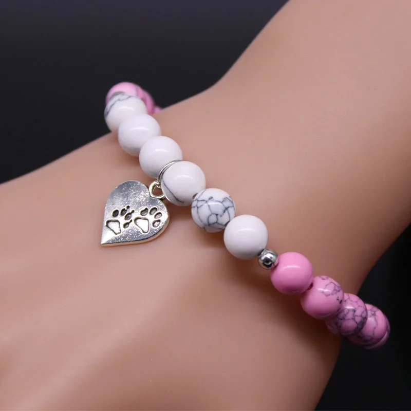 BLINGPAW Новый розовый браслет из натурального камня с собачьими лапами подвеской в