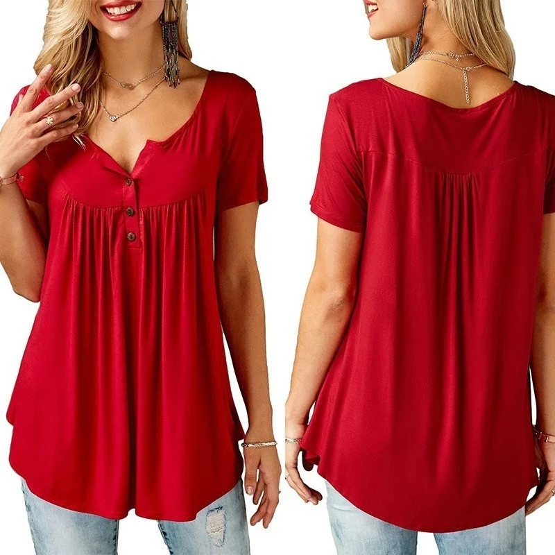 Летние Для женщин рубашки и блузки короткий рукав на пуговицах Туника