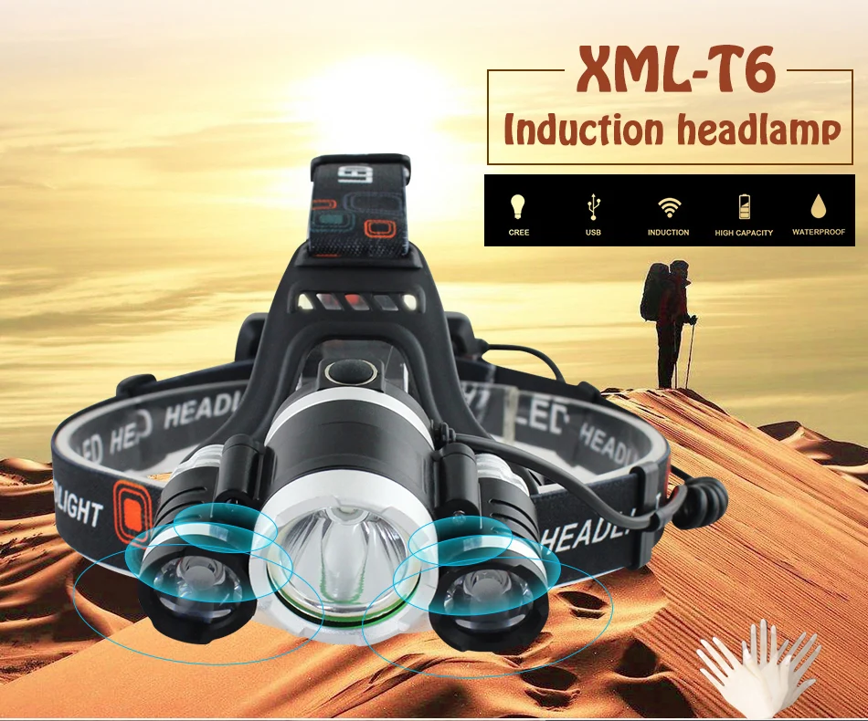Охота прожектор ИК-датчик светодиодные фары 18650 аккумуляторная батарея 3 cree xml t6 налобный фонарь Светодиодные фары фонарь