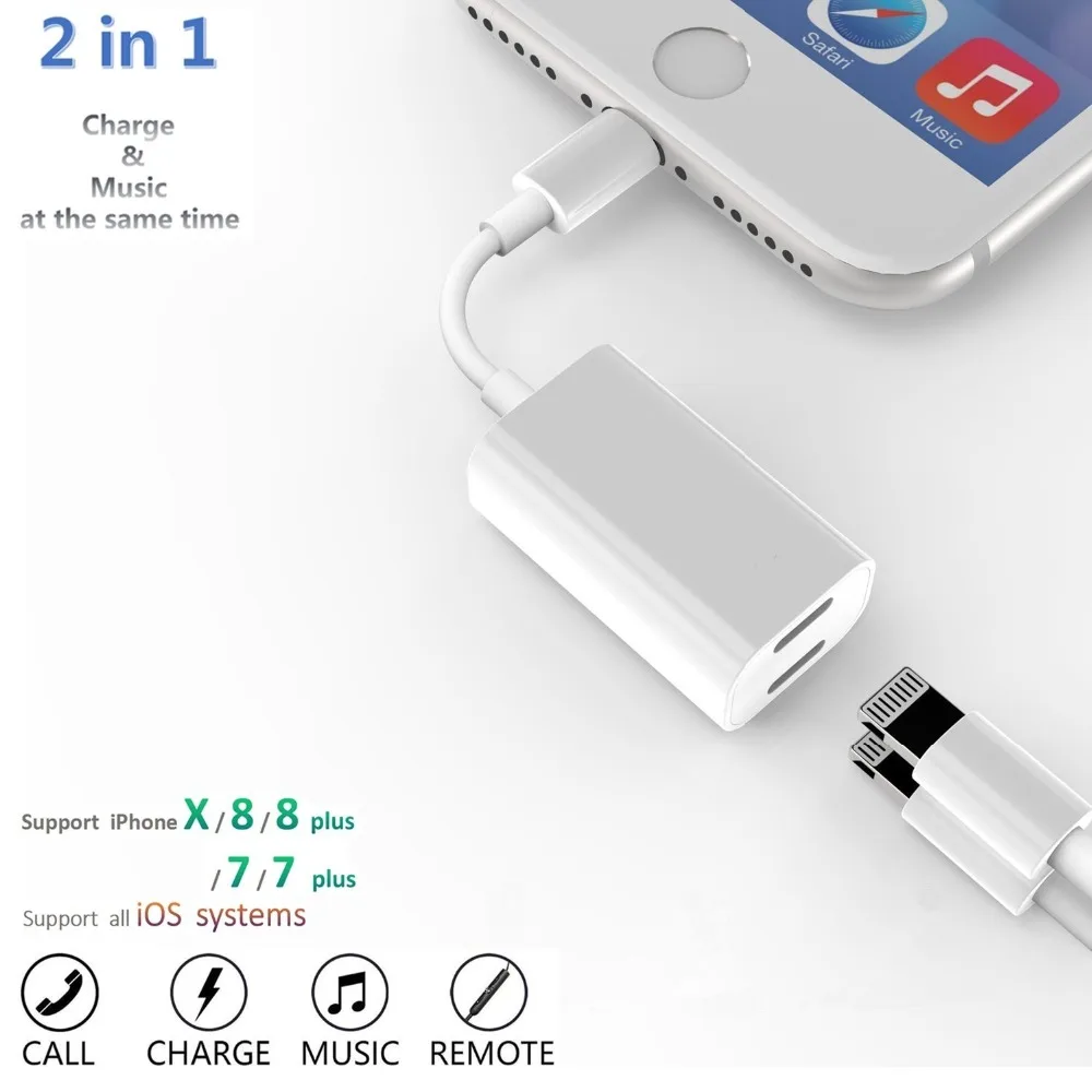 Адаптер FOXSUN Dual для Lightning аудиоразъем наушников и разветвитель зарядки iPhone X/ 8/7