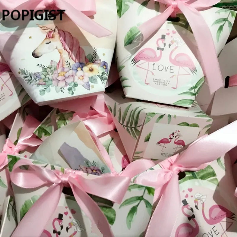 Creative European Cartoon Unicorn/ Flamingos Candy Boxes Wedding Favors Bomboniera Party Gift Box paper package Candy Bag 30