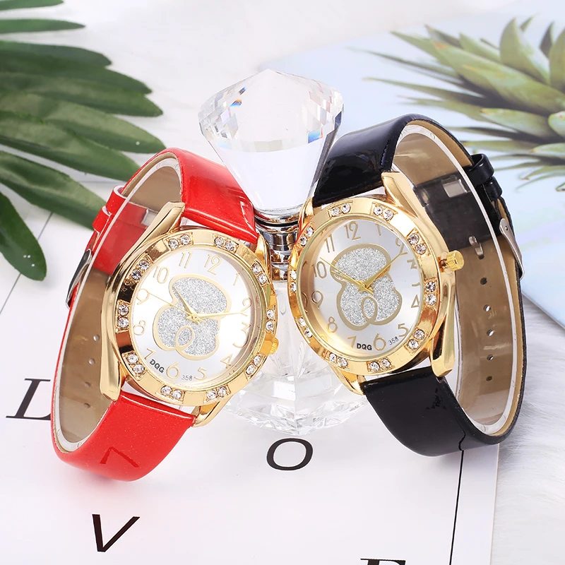 

2021 New Luxury DQG Brand Crystal Bear Casual Quartz Watch Women Leather Strap bayan kol saati Ladies Wrist Watch relojes mujer