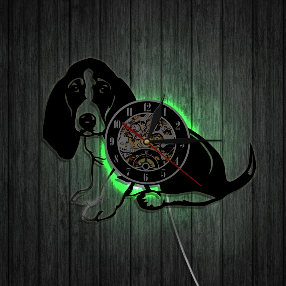 Basset Хаунд Собака силуэт искусство настенный Декор щенок собака ручной работы винил LP запись настенные часы уникальный подарок идея для любимого собаки