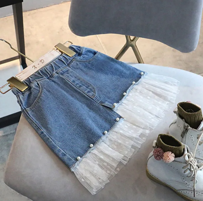Модные джинсовые юбки для маленьких девочек летние детские пачки с жемчужинами и