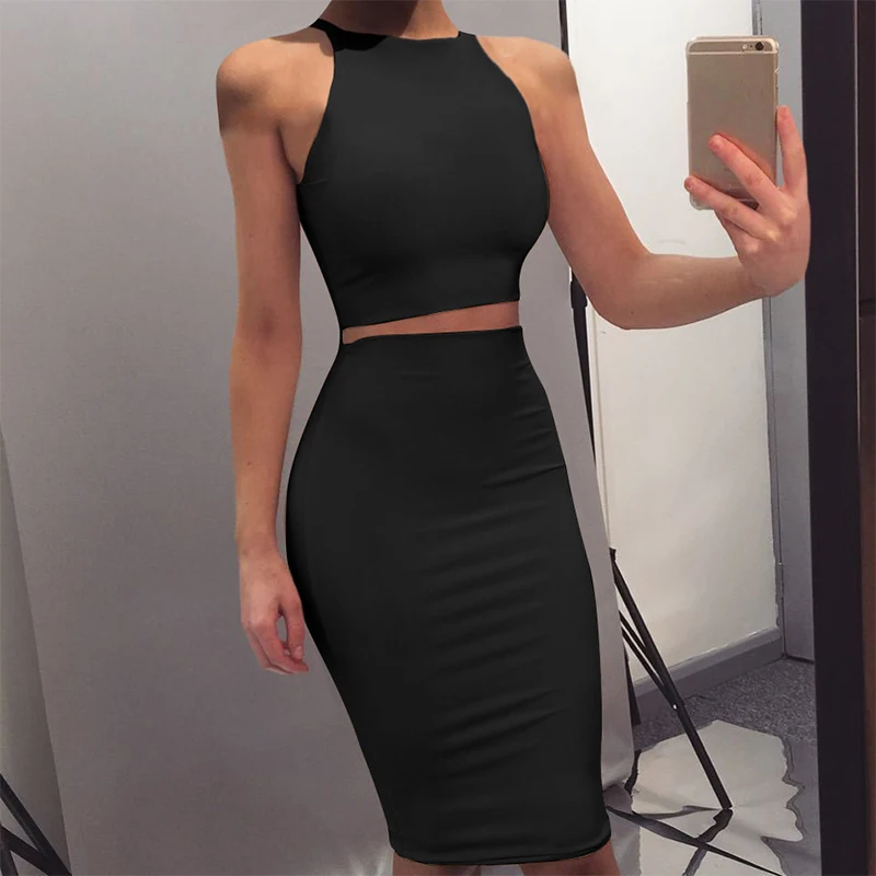 

2019 New Summer Dresses Women Turtleneck Two Pieces Bandage High Waist Split Slim Crop top Kardashain Fashion Party Vestidos