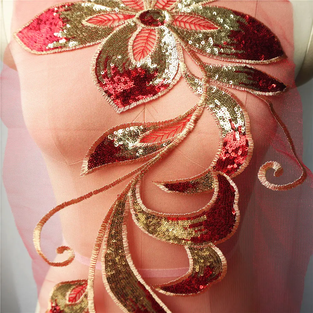 Кружевная ткань с красными золотыми блестками цветочными листьями вышитый