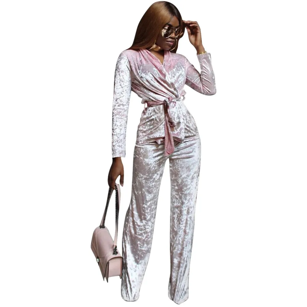 Женский бархатный Бандаж с длинным рукавом и v образным вырезом пальто штаны