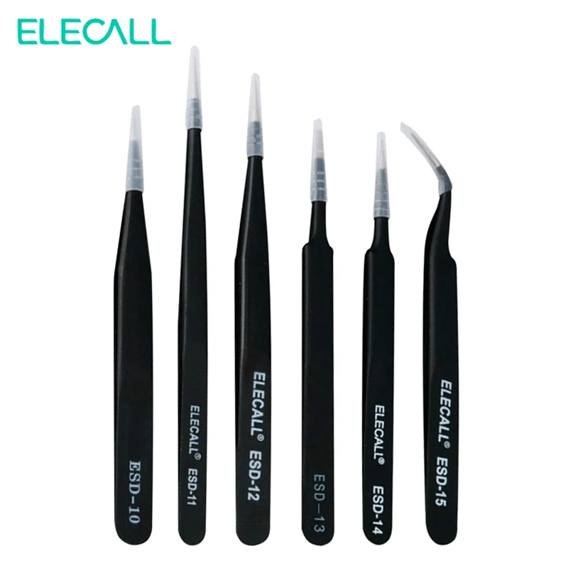 ELECALL 6 шт. ESD антистатические пинцеты из нержавеющей стали набор ремонтных
