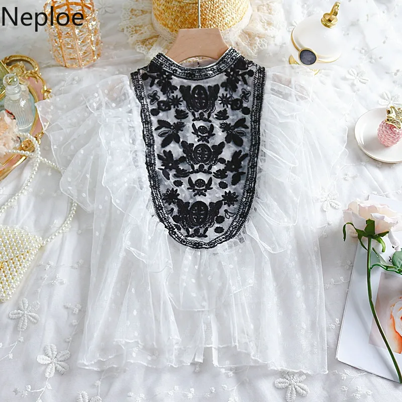 Neploe, винтажные кружевные женские блузки, прозрачная сетчатая блузка со стоячим воротником и рюшами, рубашка, женские топы, вышивка, черные, Белые блузы