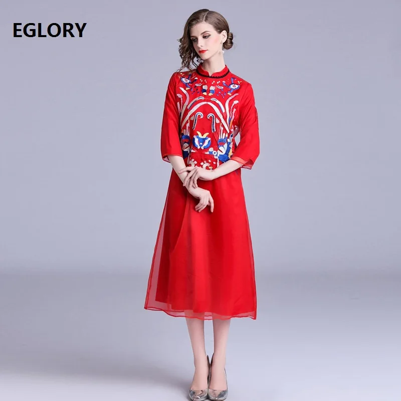 Женское платье миди в китайском стиле с цветочной вышивкой и рукавом 3/4|Женские