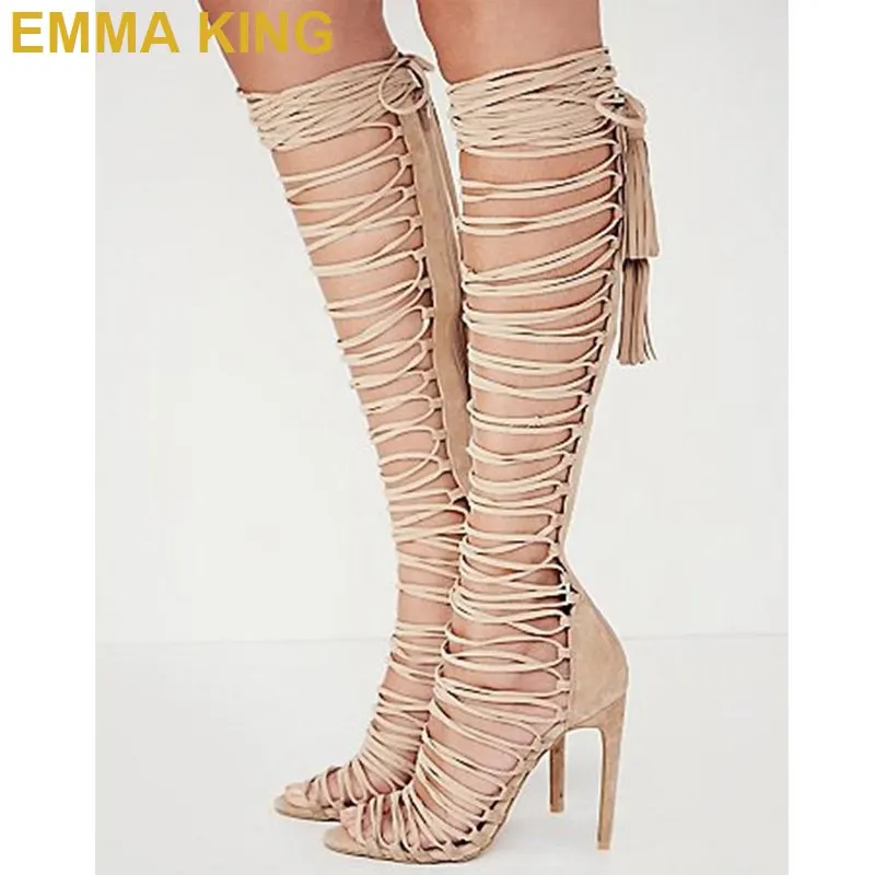 

EMMA KING 2019 Sexy Knee High Gladiator Sandals Women Summer Boots Lace Up High Heels Ladies Party Dance Shoes Plus Size 35-43