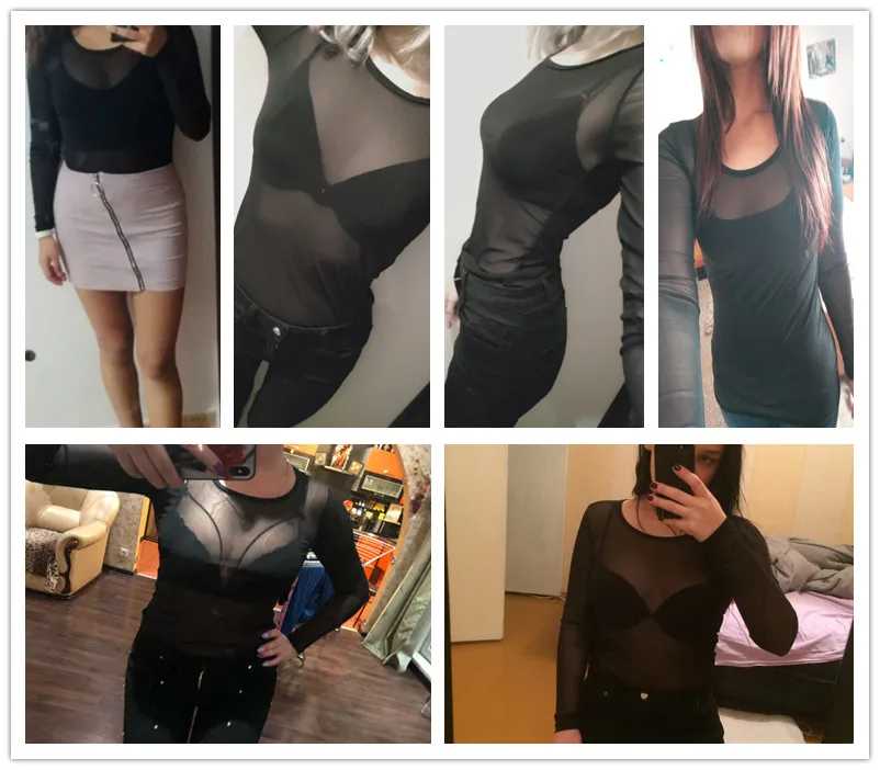 

Hot New 2019 Spring Summer Womens Long Sleeve Sexy Black Mesh Top T Shirts Transparent Punk Club Streetwear Tees Beach Tops