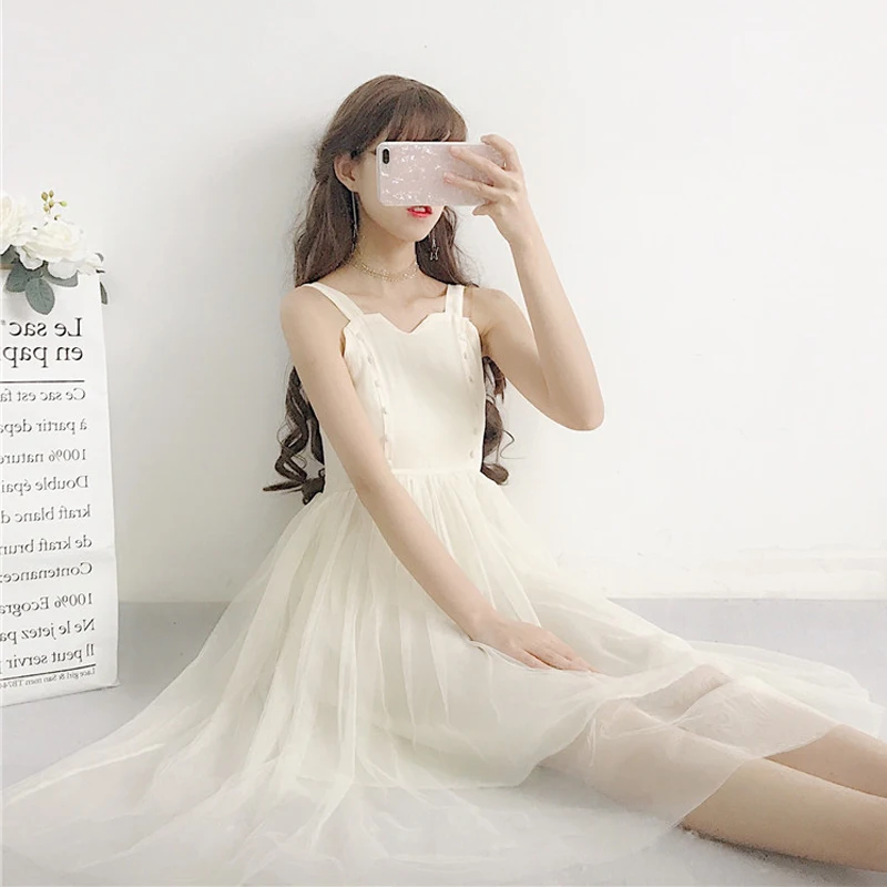 Summer new women's Korean version of the fresh sweet loose mesh stitching high waist was thin Dress | Женская одежда