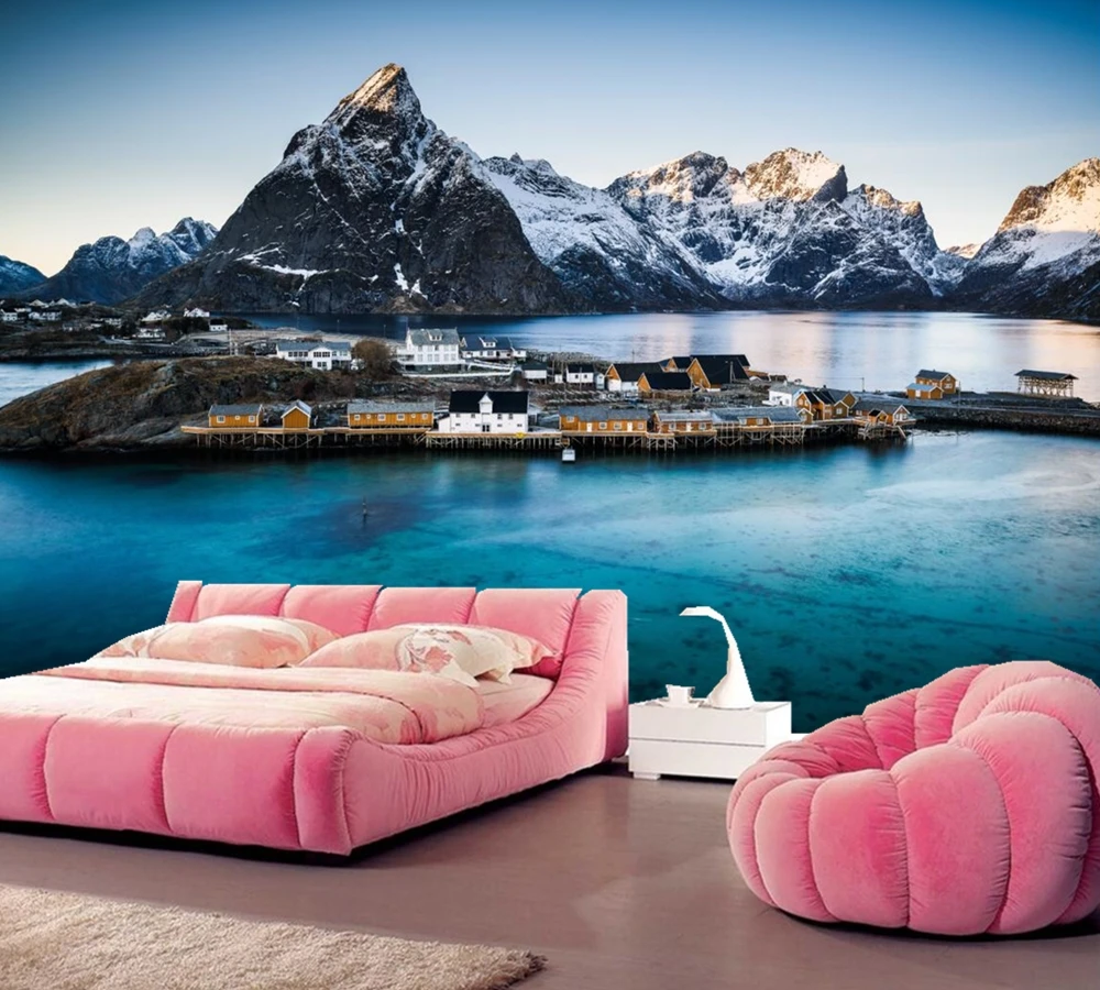 Горы норвежские дома городской природа фото здание фон для гостиной ТВ стена