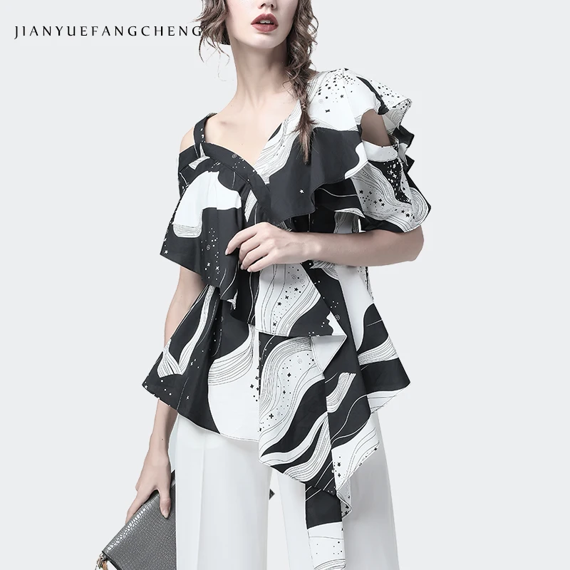

2019 Summer Off Shoulder Ladies Blouse Fashion Black White Printed Irregular Ruffle Puff Sleeve V Neck Tops Sexy Backless Shirt