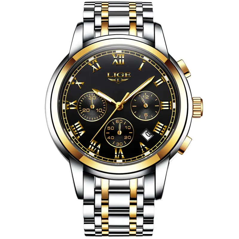 gold black S Новые часы мужские роскошные брендовые LIGE с хронографом мужские спортивные часы водонепроницаемые полностью Стальные кварцевые мужские часы Relogio Masculino - Цвет: gold black S